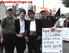 Kevin Bourassa, Rene LeBoeuf, Michael Hendricks, and Joe Varnell (SELECT for details on the 2003 Montreal Pride parade, Photo by equalmarriage.ca, 2003)